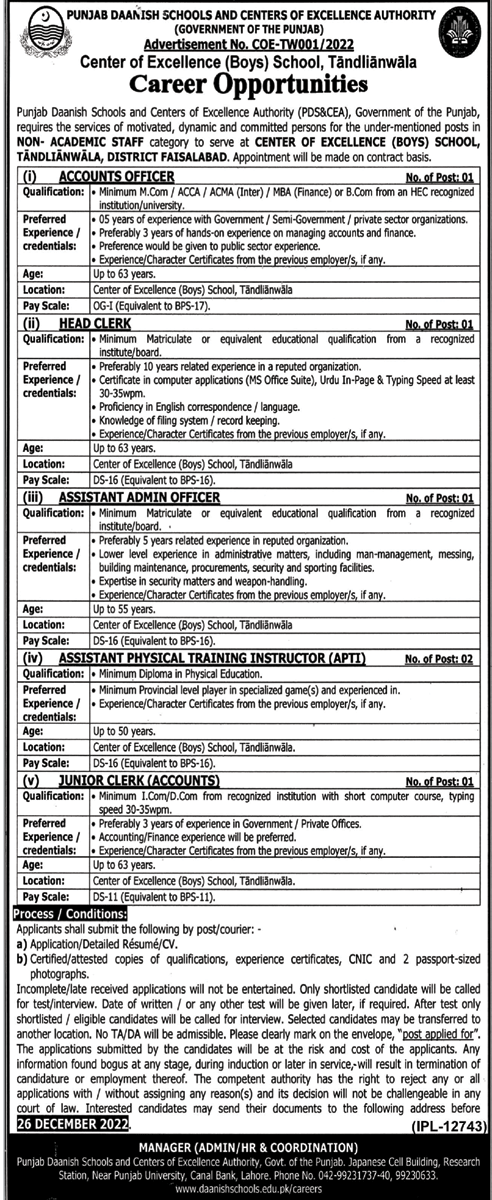 Punjab Daanish Schools and Centers of Excellence Authority Jobs December 2022