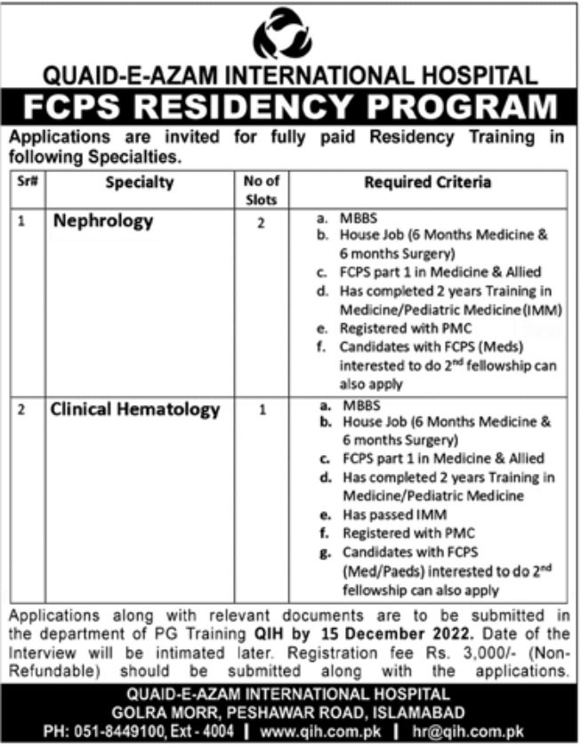 Quaid-e-Azam International Hospital Jobs December 2022