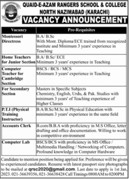 Quaid-e-Azam Rangers School & College North Nazimabad Jobs December 2022