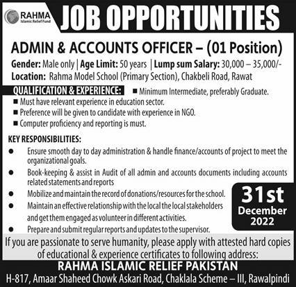 Rahma Islamic Relief Pakistan Jobs December 2022