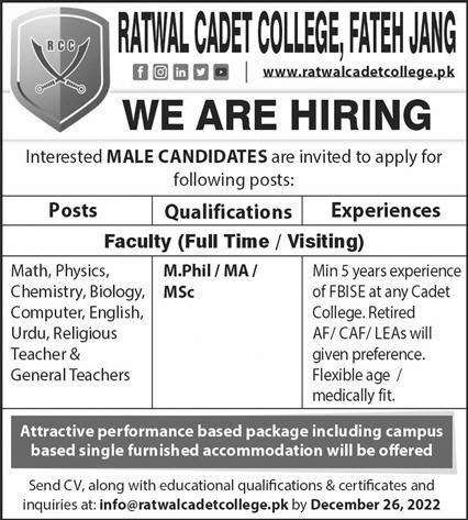 Ratwal Cadet College Fateh Jhang Jobs December 2022
