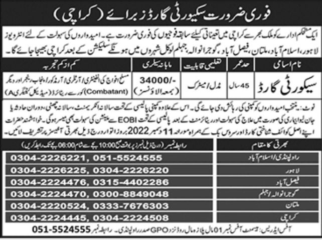 Reputed Sector Karachi Jobs December 2022