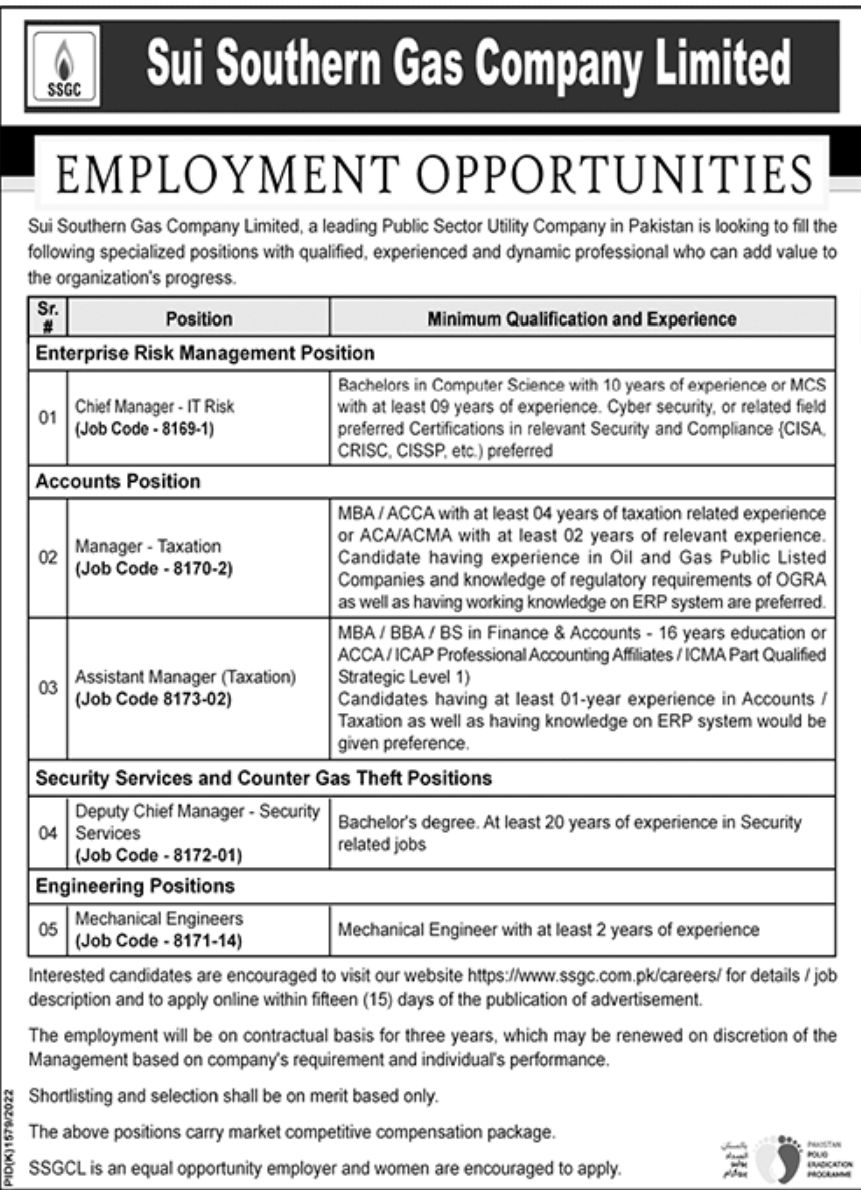 Sui Southern Gas Company Limited SSGC Jobs December 2022