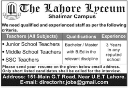 The Lahore Lyceum Jobs December 2022