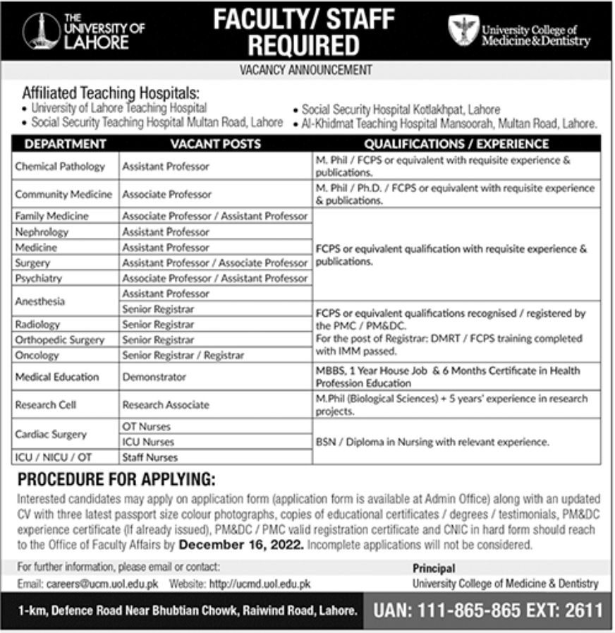 The University of Lahore UOL Jobs December 2022