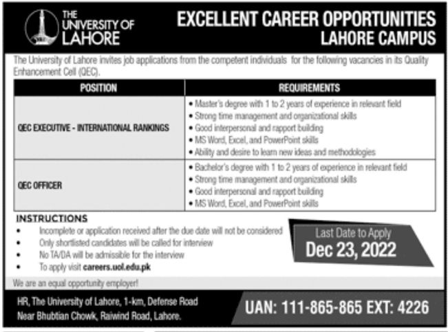 University of Lahore Jobs December 2022