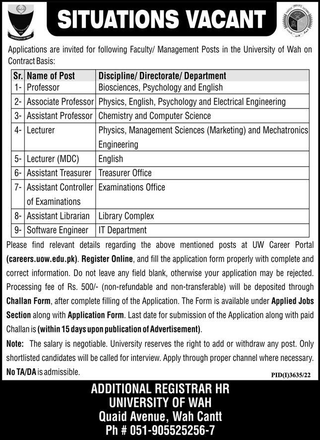 University of Wah Jobs December 2022