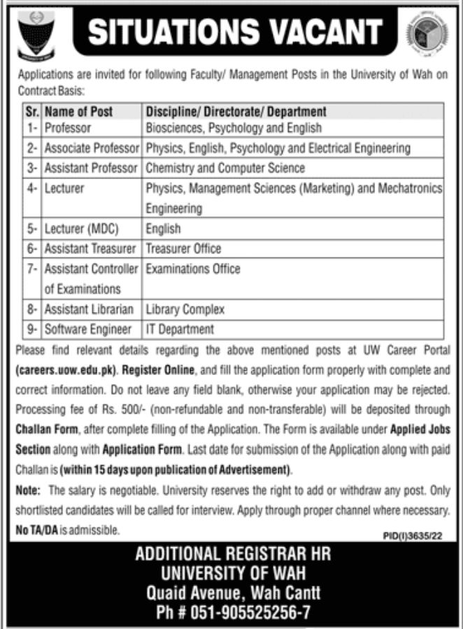 University of Wah Jobs December 2022