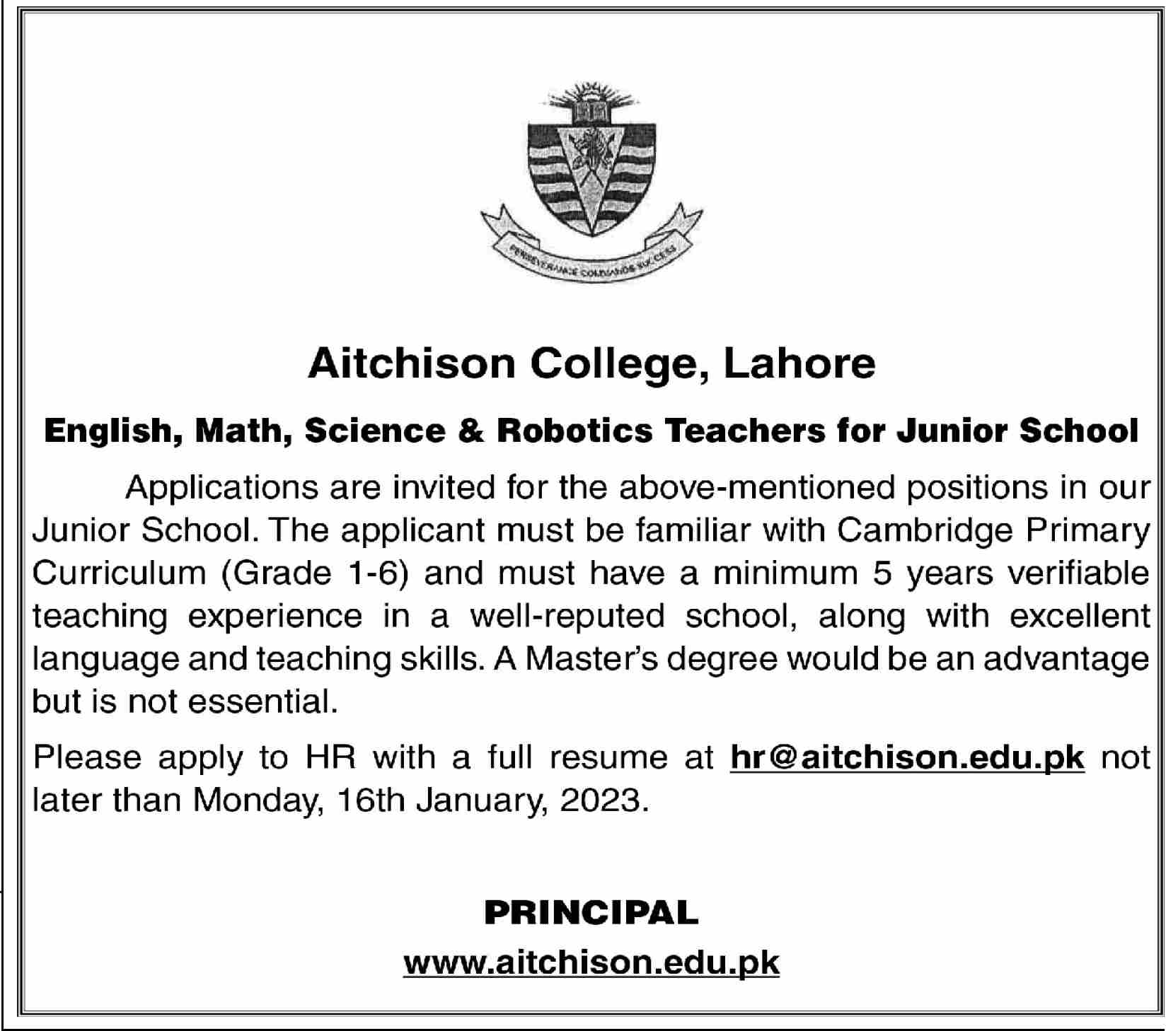 Aitchison College Lahore Jobs January 2023