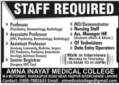 Amna Inayat Medical College Jobs January 2023