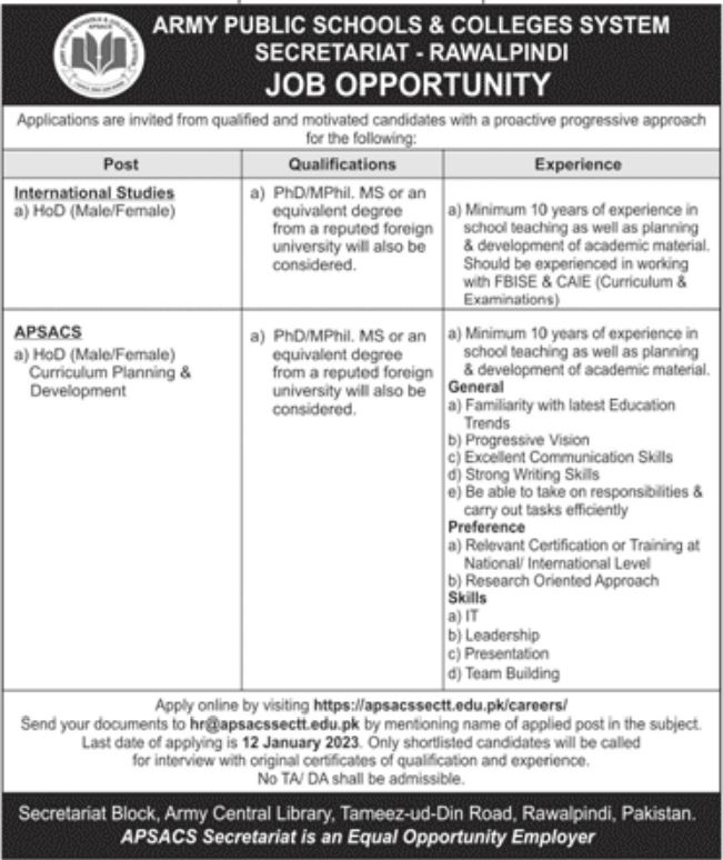 Army Public School & Colleges System Jobs January 2023