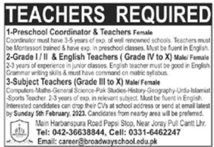 Broadway School Jobs January 2023