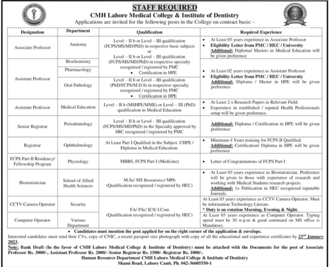 CMH Lahore Medical College & Institute of Dentistry Jobs January 2023