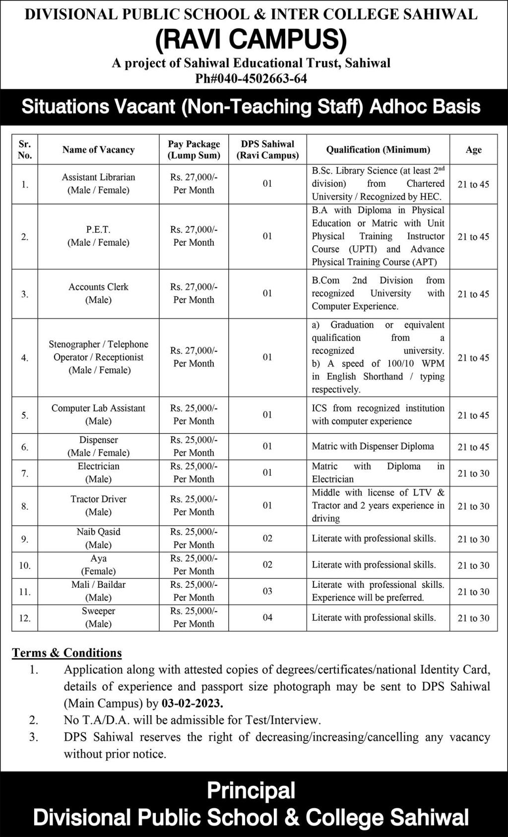 Divisional Public School & Inter College Sahiwal Jobs January 2023