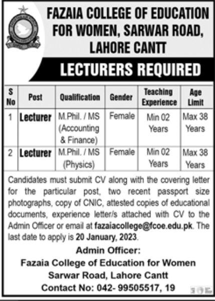 Fazaia College of Education for Women Jobs January 2023