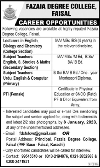 Fazaia Degree College Faisal Jobs January 2023