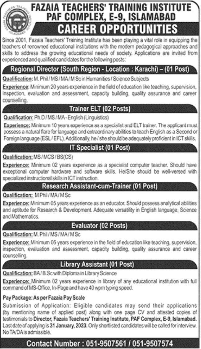 Fazaia Teachers Training Institute PAF Complex Jobs January 2023