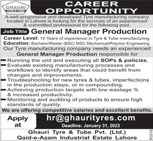 Ghauri Tyre & Tube Pvt Ltd Jobs January 2023