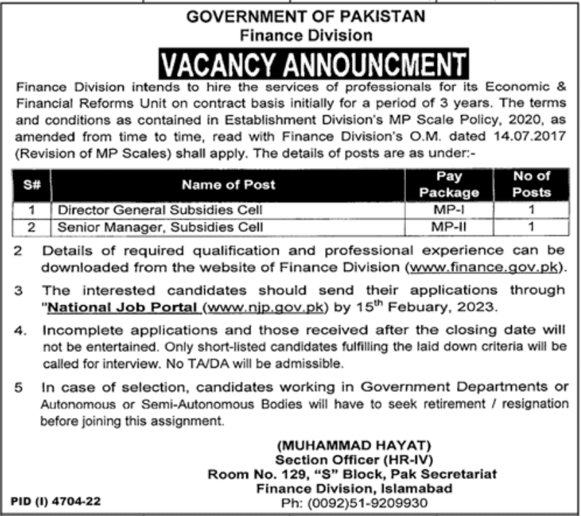 Government of Pakistan Finance Division Jobs January 2023
