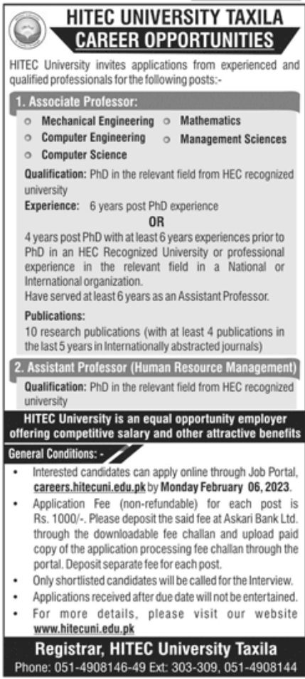 HITECH University Taxila Jobs January 2023
