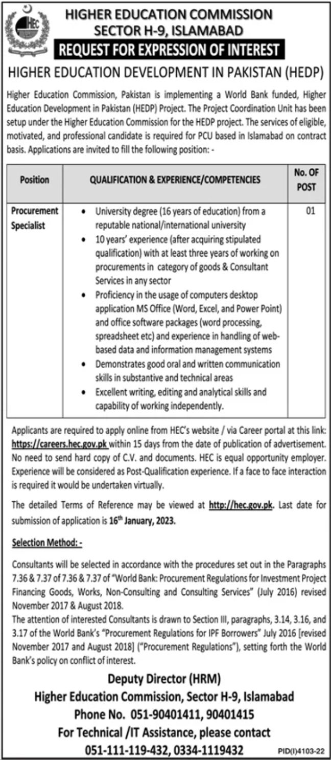 Higher Education Commission HEC Islamabad Jobs January 2023
