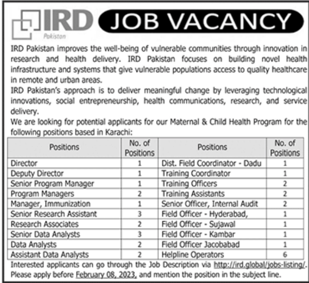 IRD Pakistan Jobs January 2023