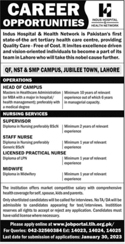 Indus Hospital & Health Network Jobs January 2023