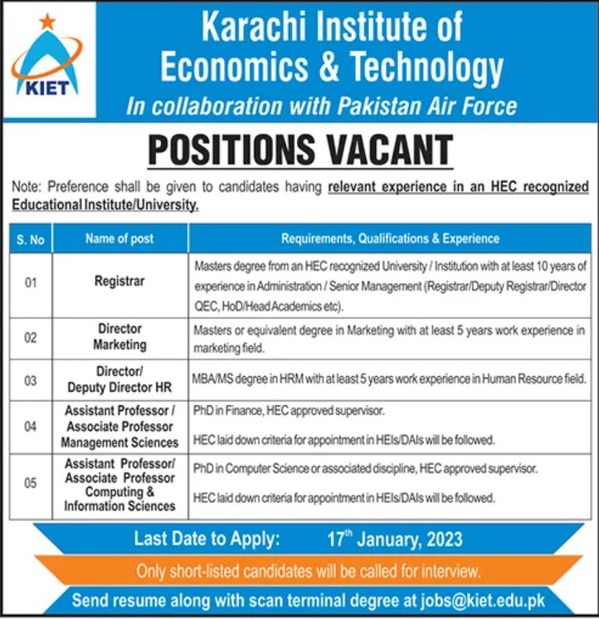 Karachi Institute of Economics & Technology Jobs January 2023