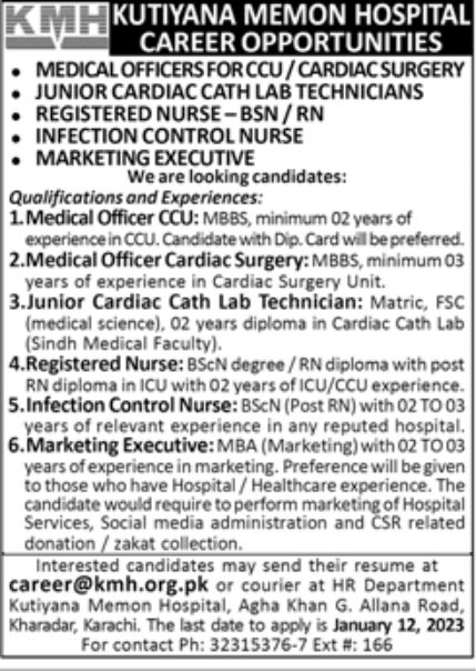 Kuriyana Memon Hospital Jobs January 2023