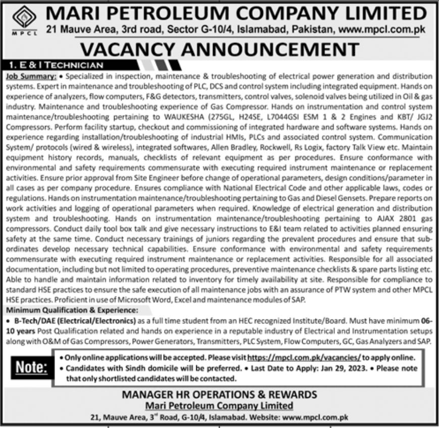 MARI Petroleum Company Limited Jobs January 2023
