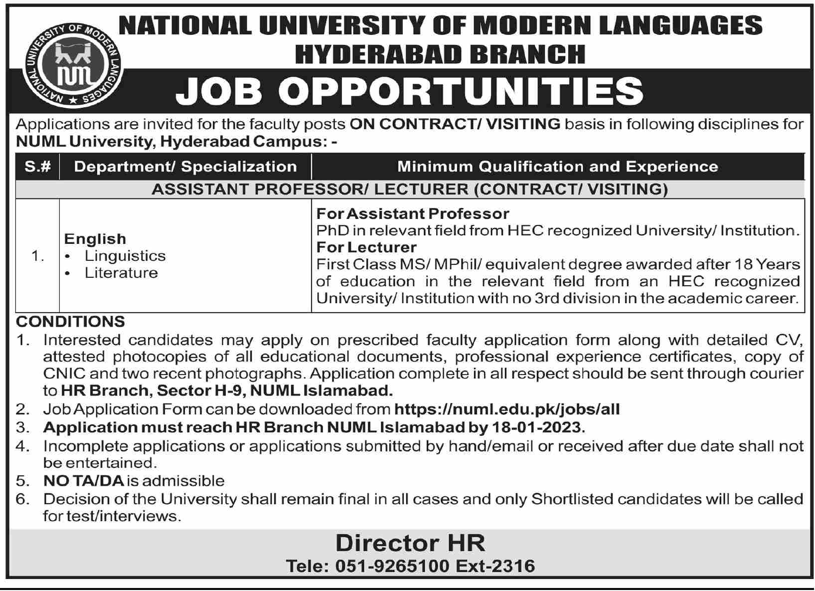 NUML Jobs January 2023