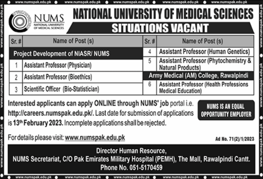 National University of Medical Sciences NUMS Jobs January 2023