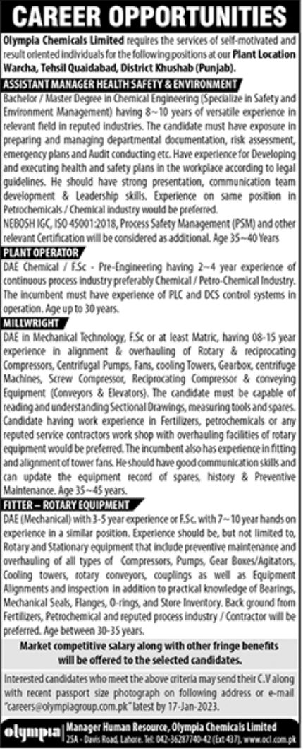 Olympia Chemicals Limited Khushab Punjab Jobs January 2023