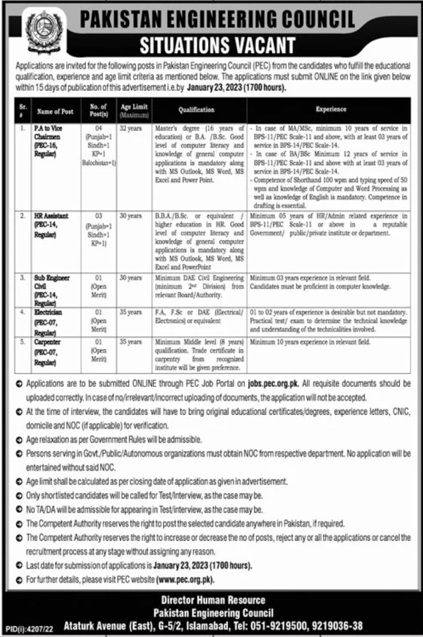 Pakistan Engineering Council PEC Jobs January 2023