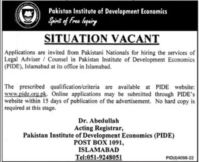 Pakistan Institute of Development Economics Jobs January 2023