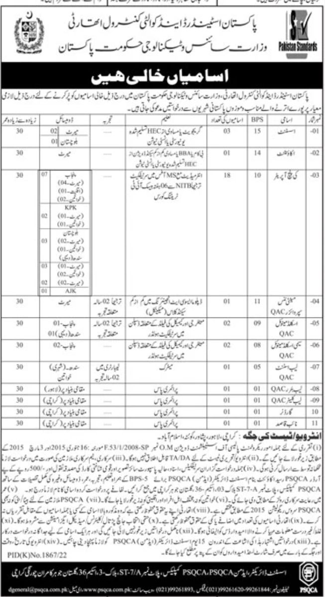 Pakistan Standards & Quality Control Authority Jobs January 2023