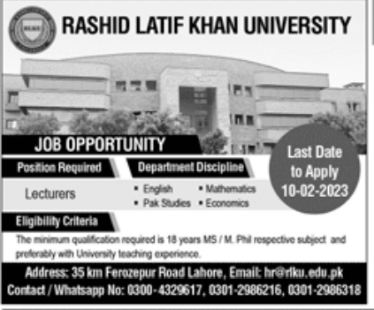 Rashid Latif Khan University Jobs January 2023
