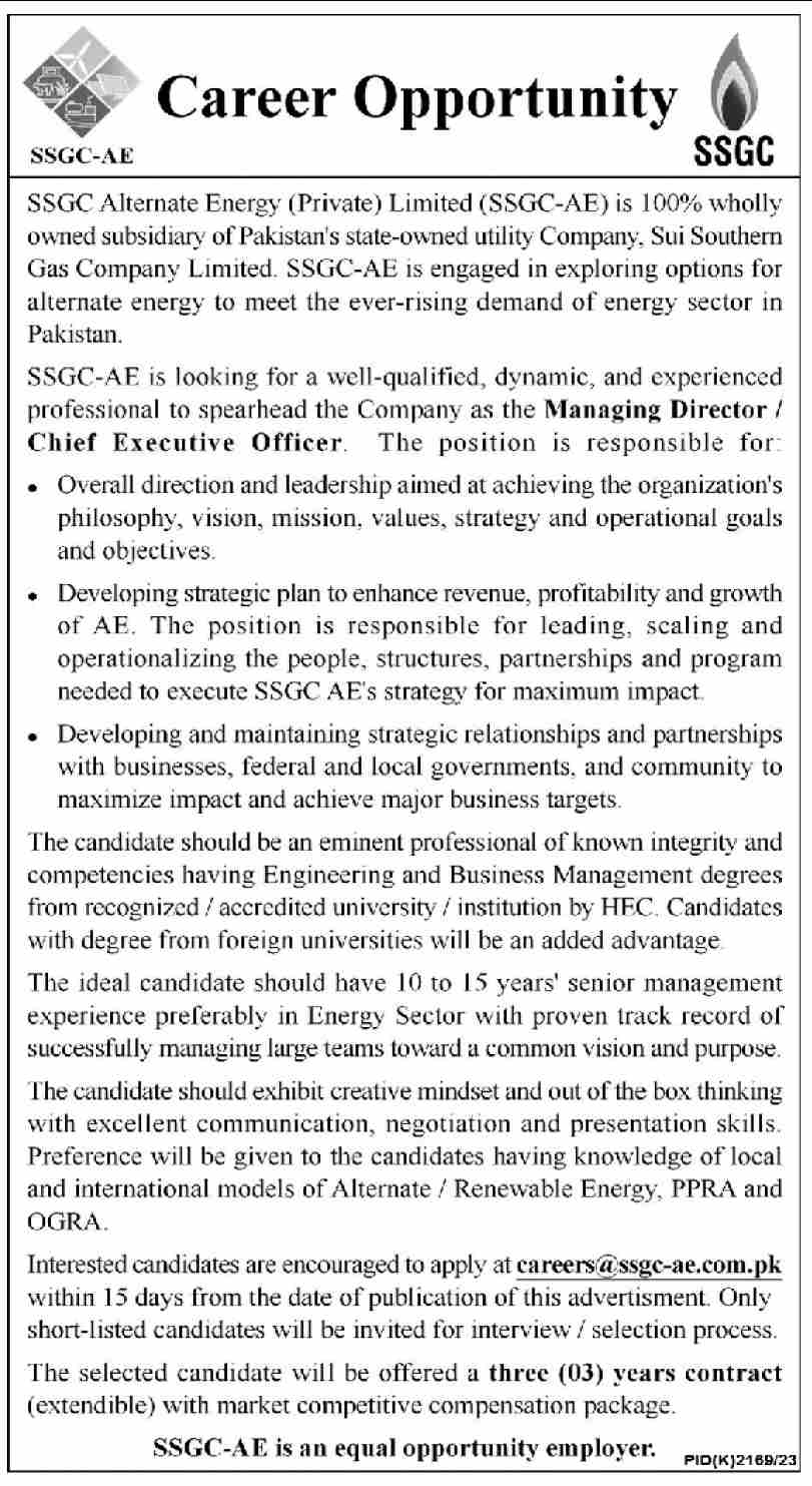 SSGC Alternate Energy Private Limited Jobs January 2023