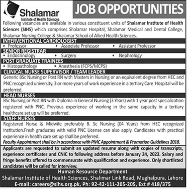 Shalamar Institute of Health Sciences Jobs January 2023