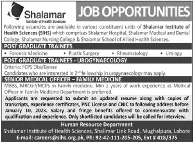 Shalamar Institute of Health Sciences Jobs January 2023