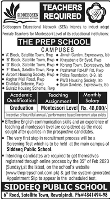 Siddeeq Public School Jobs January 2023
