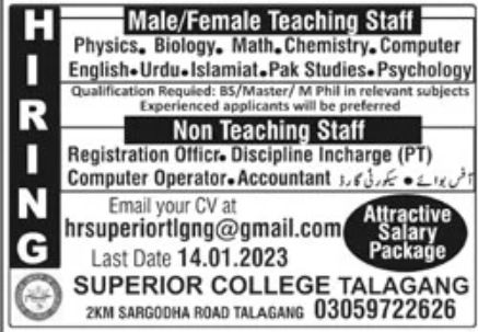 Superior College Talagang Jobs January 2023
