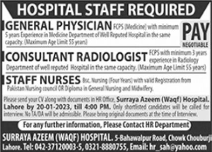 Surrya Azeem WAQF Hospital Jobs January 2023