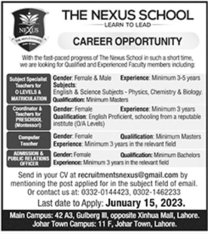 The NEXUS School Jobs January 2023