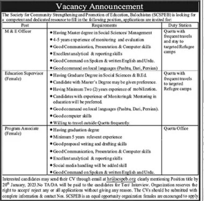 The Society for Community Strengthening and Promotion of Education Balochistan Jobs January 2023