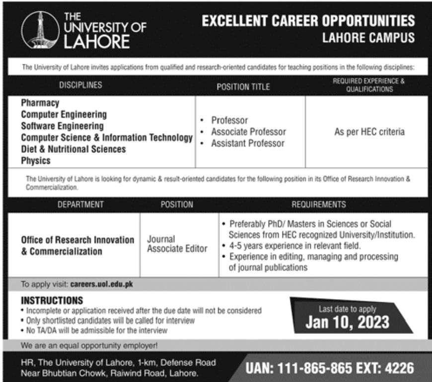 The University of Lahore UOL Jobs January 2023