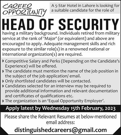5-Star Hotel Lahore Jobs February 2023