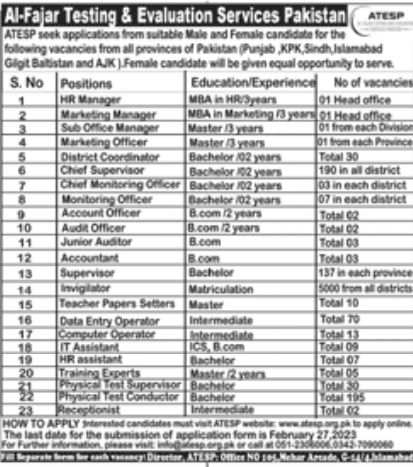 Al Fajar Testing & Evaluation Services Pakistan Jobs February 2023