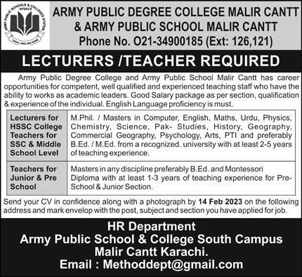 Army Public Degree College Malir Cantt Jobs February 2023