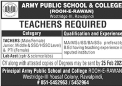 Army Public School & College Rawalpindi Jobs February 2023